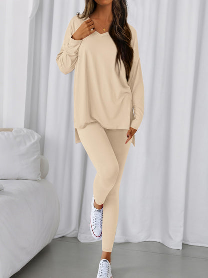 Women V-neck Oversized Shirts Leggings Casual Lounge Matching Set