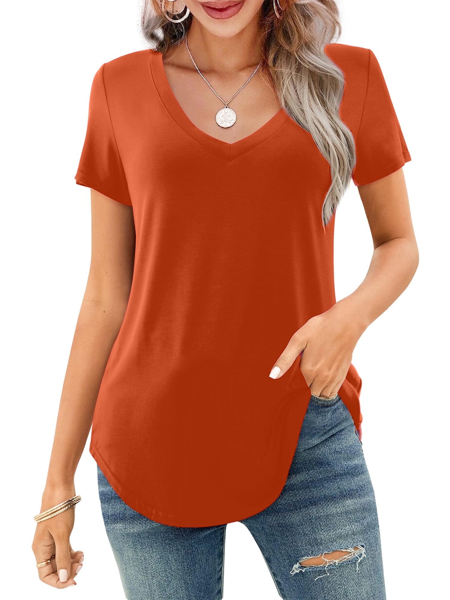 Women's V-neck Short Sleeve Curved Hem Tee Top
