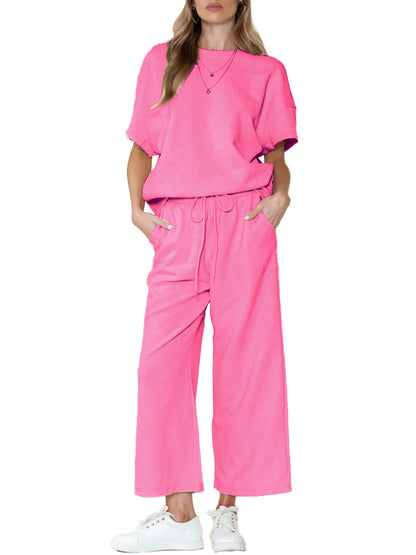 Women's Textured Loose Fit T Shirt and Drawstring Pants Casual Set (Buy 2 Free Shipping)