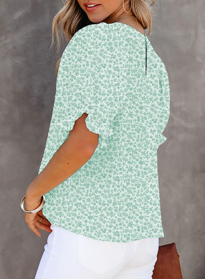 Women's Crewneck Smocked Puff Sleeve Floral Print Blouse