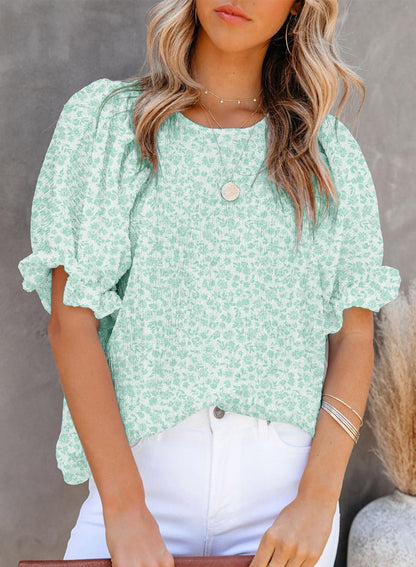 Women's Crewneck Smocked Puff Sleeve Floral Print Blouse