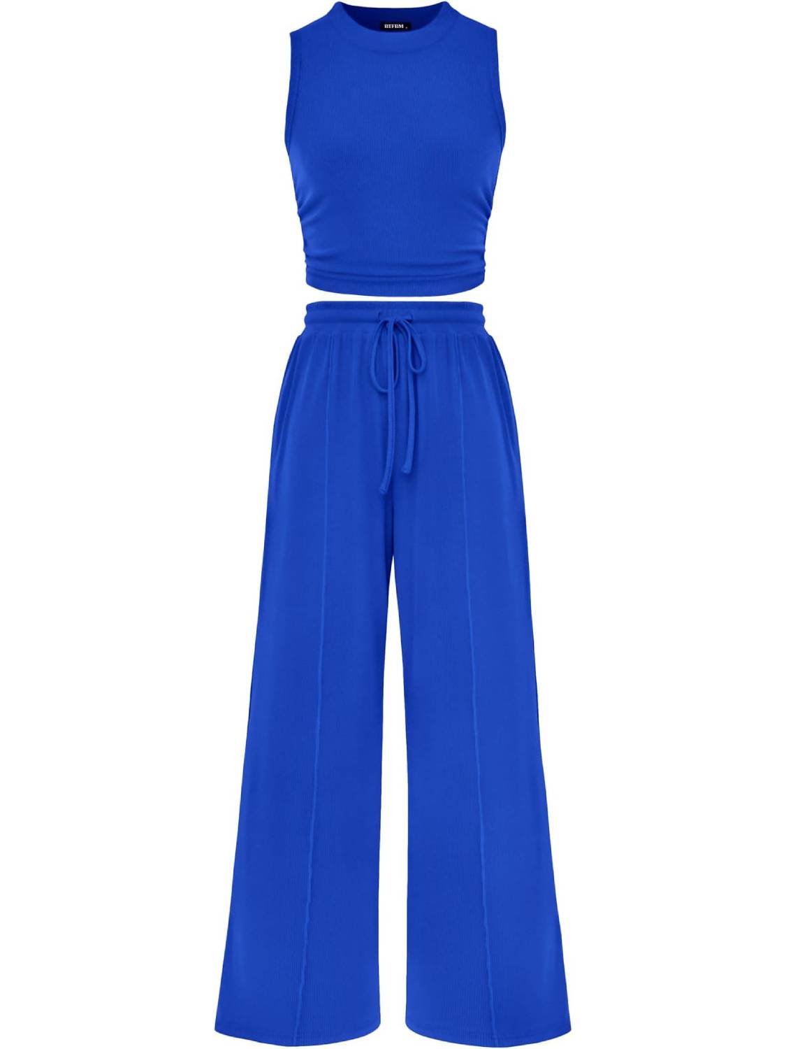 Women Sleeveless Cropped Top Elastic Waist Wide Leg Pants 2 Piece Set