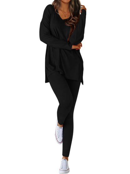 Women V-neck Oversized Shirts Leggings Casual Lounge Matching Set