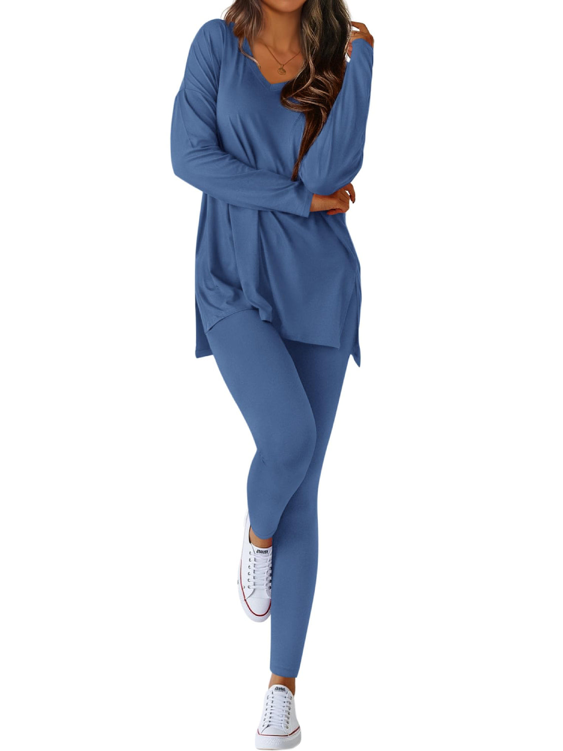 Women V-neck Oversized Shirts Leggings Casual Lounge Matching Set