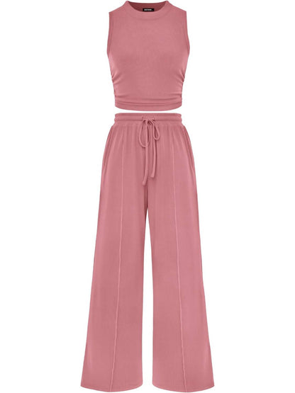Women Sleeveless Cropped Top Elastic Waist Wide Leg Pants 2 Piece Set