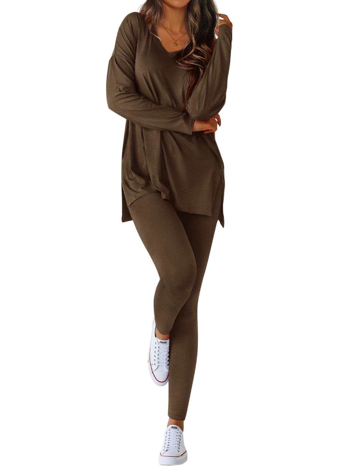 Women V-neck Oversized Shirts Leggings Casual Lounge Matching Set