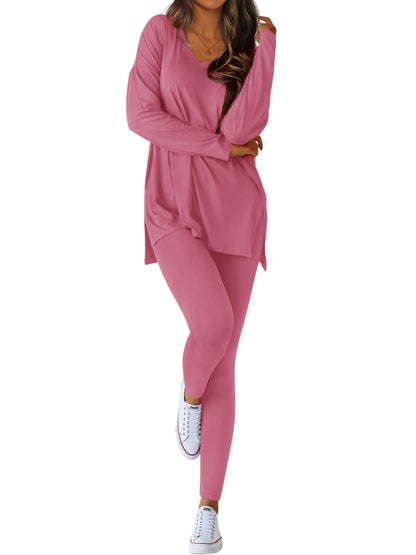 Women V-neck Oversized Shirts Leggings Casual Lounge Matching Set