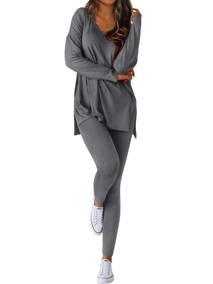 Women V-neck Oversized Shirts Leggings Casual Lounge Matching Set