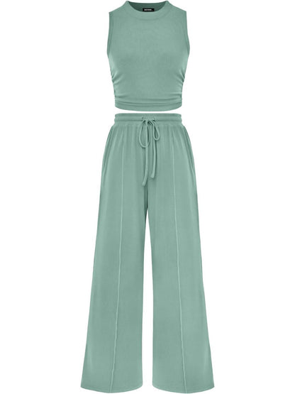 Women Sleeveless Cropped Top Elastic Waist Wide Leg Pants 2 Piece Set