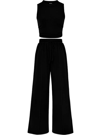 Women Sleeveless Cropped Top Elastic Waist Wide Leg Pants 2 Piece Set
