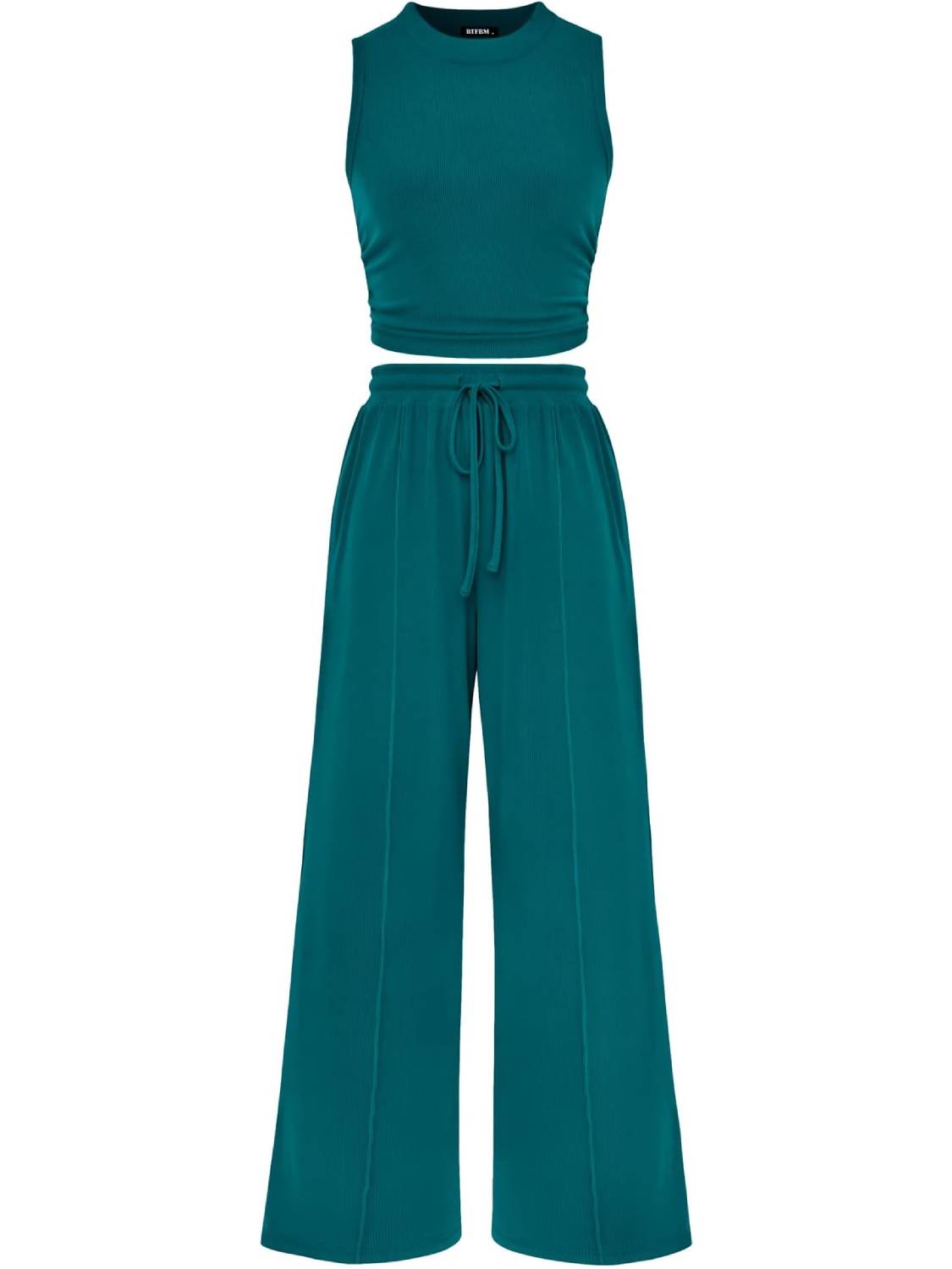 Women Sleeveless Cropped Top Elastic Waist Wide Leg Pants 2 Piece Set