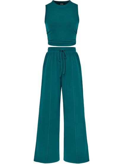 Women Sleeveless Cropped Top Elastic Waist Wide Leg Pants 2 Piece Set