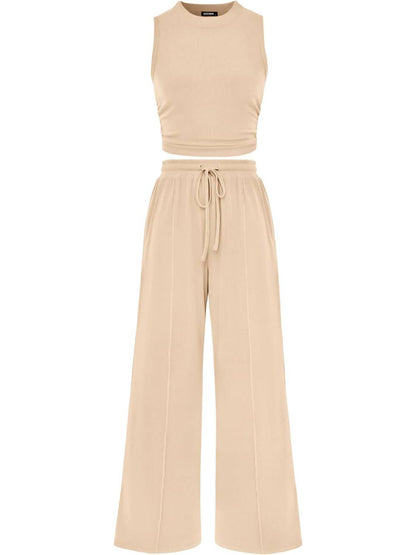 Women Sleeveless Cropped Top Elastic Waist Wide Leg Pants 2 Piece Set