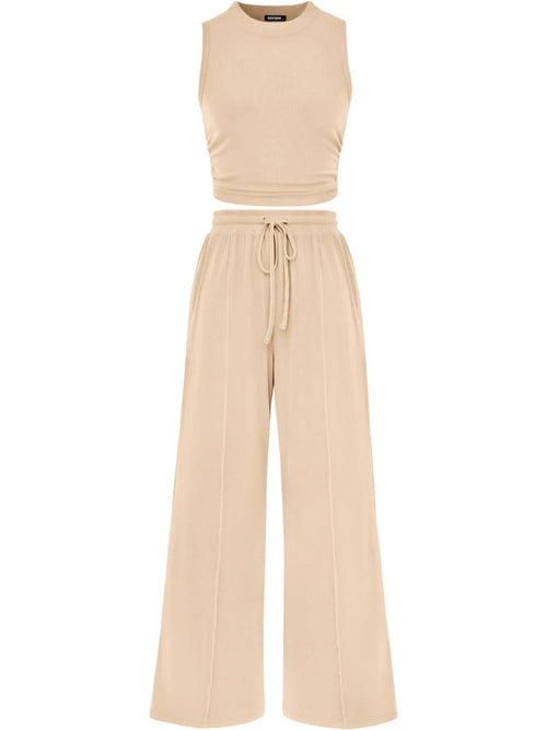 Women Sleeveless Cropped Top Elastic Waist Wide Leg Pants 2 Piece Set