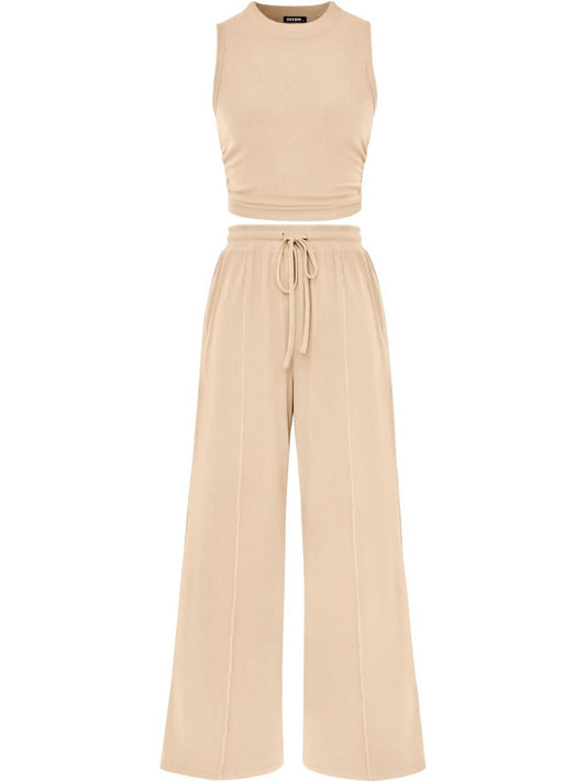 Women Sleeveless Cropped Top Elastic Waist Wide Leg Pants 2 Piece Set
