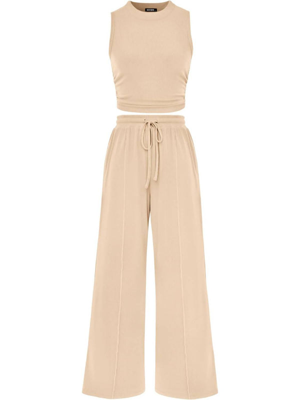 Women Sleeveless Cropped Top Elastic Waist Wide Leg Pants 2 Piece Set