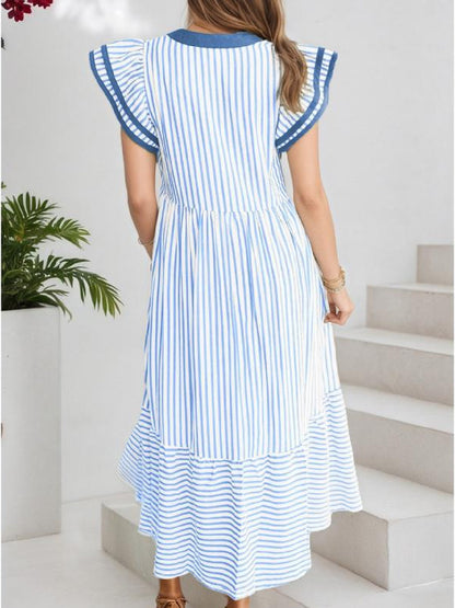 Women's V-Neck Ruffle Sleeves Striped Beach Maxi Dress with Pockets