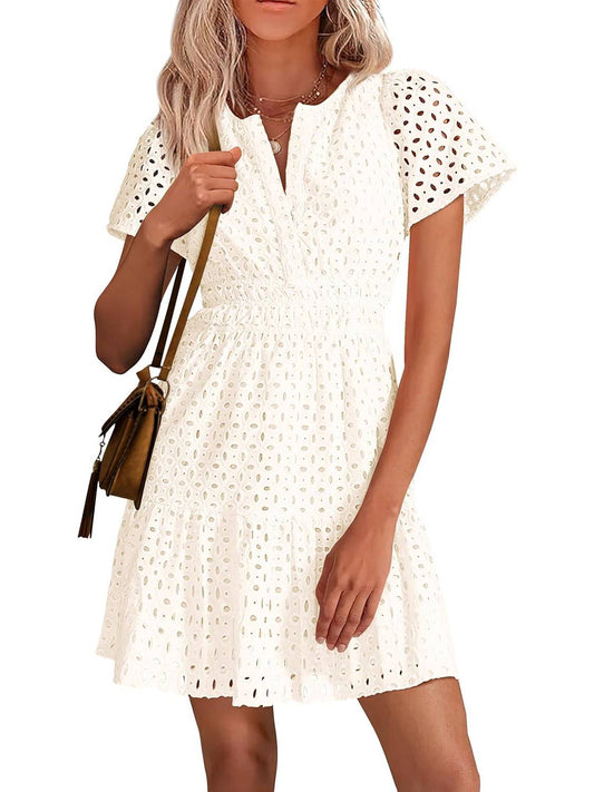 Women's V Neck Short Sleeve A Line Hollow Out Lace Dress