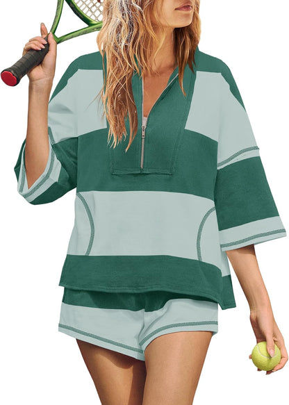 Women's Quarter Zip Color Block Top & Shorts Matching Set