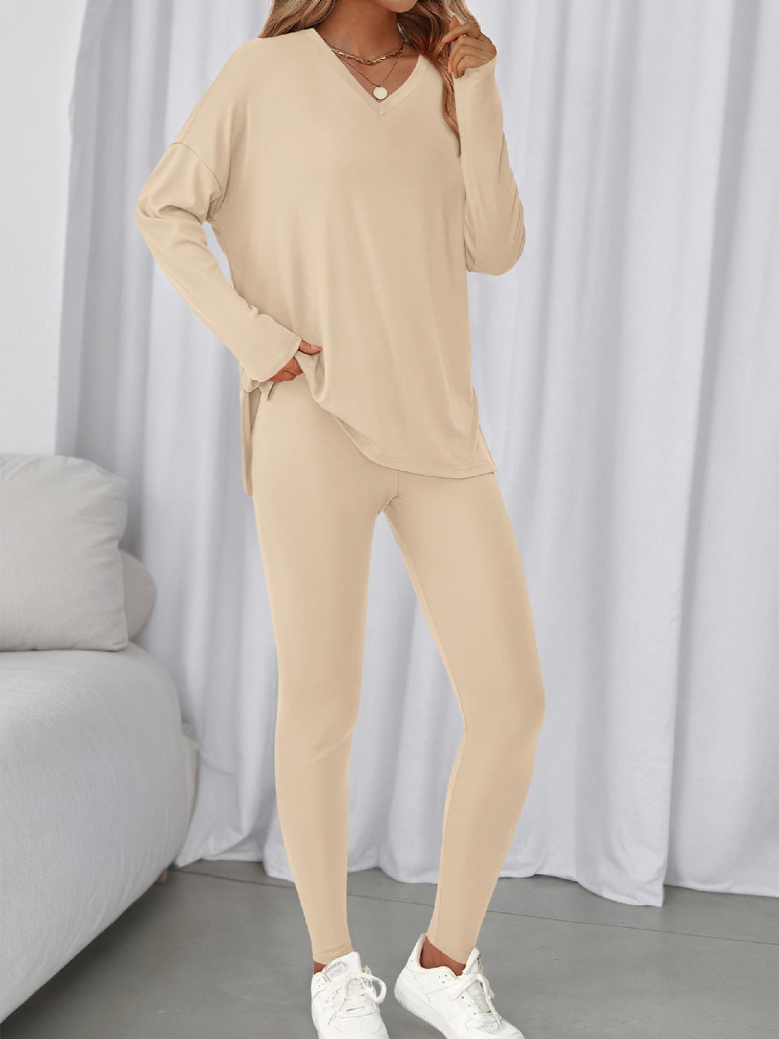 Women V-neck Oversized Shirts Leggings Casual Lounge Matching Set