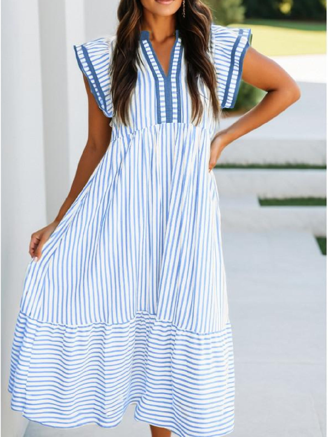 Women's V-Neck Ruffle Sleeves Striped Beach Maxi Dress with Pockets