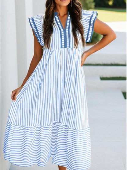 Women's V-Neck Ruffle Sleeves Striped Beach Maxi Dress with Pockets