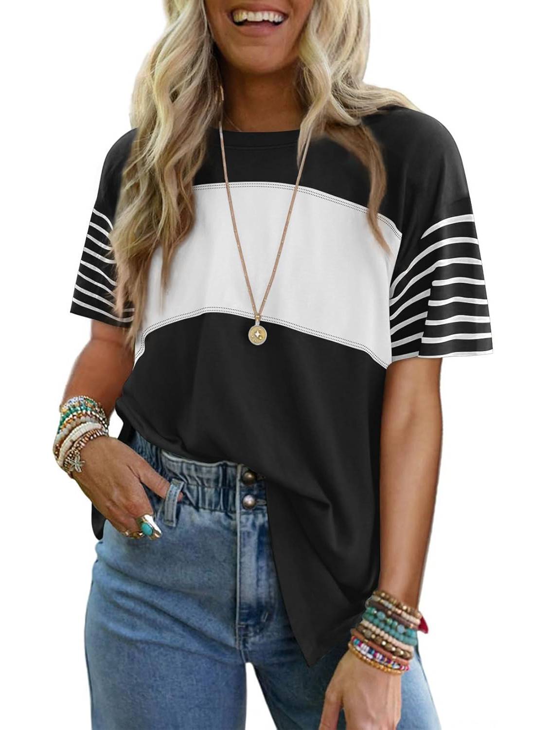 Womens Oversized Color Block Striped Shirts Top