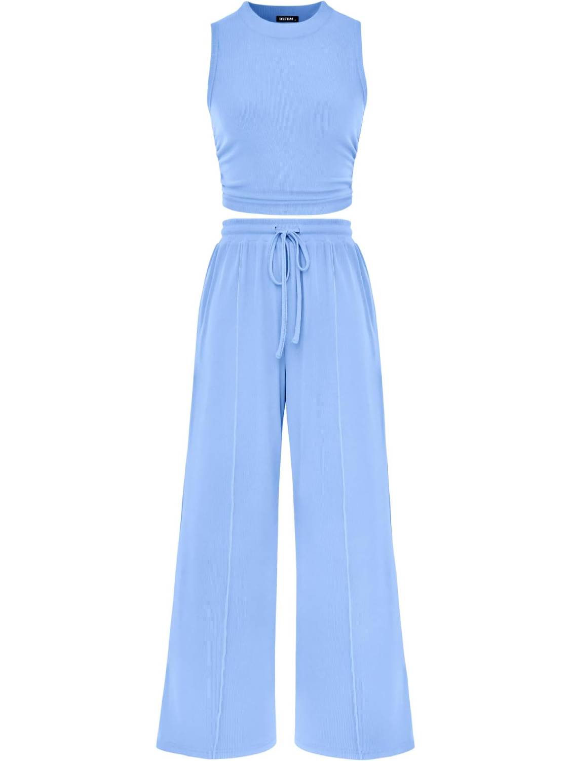 Women Sleeveless Cropped Top Elastic Waist Wide Leg Pants 2 Piece Set
