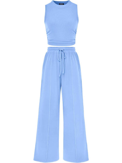 Women Sleeveless Cropped Top Elastic Waist Wide Leg Pants 2 Piece Set