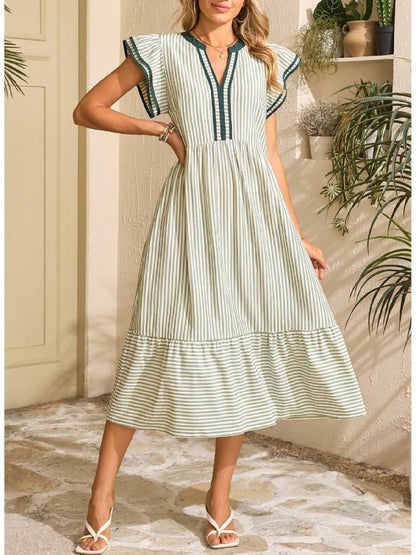 Women's V-Neck Ruffle Sleeves Striped Beach Maxi Dress with Pockets