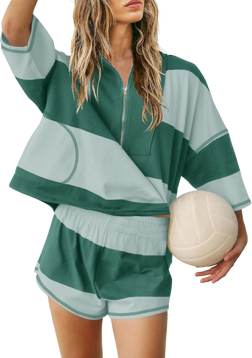 Women's Quarter Zip Color Block Top & Shorts Matching Set