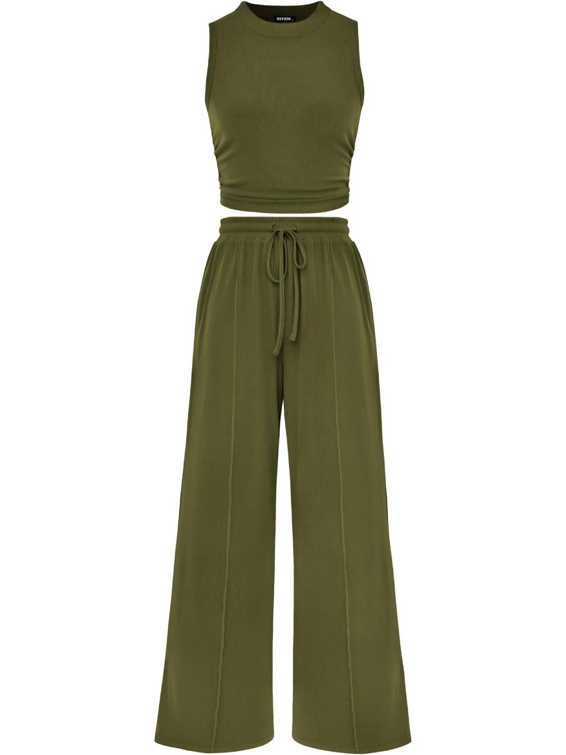 Women Sleeveless Cropped Top Elastic Waist Wide Leg Pants 2 Piece Set
