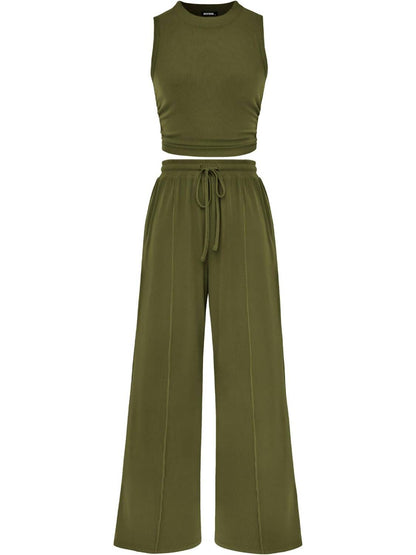 Women Sleeveless Cropped Top Elastic Waist Wide Leg Pants 2 Piece Set