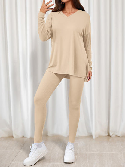 Women V-neck Oversized Shirts Leggings Casual Lounge Matching Set