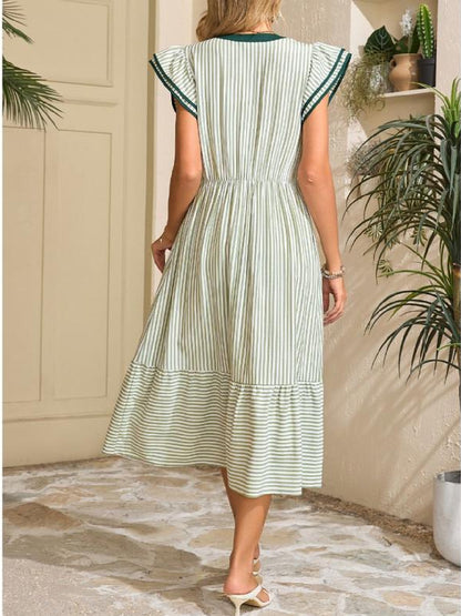 Women's V-Neck Ruffle Sleeves Striped Beach Maxi Dress with Pockets