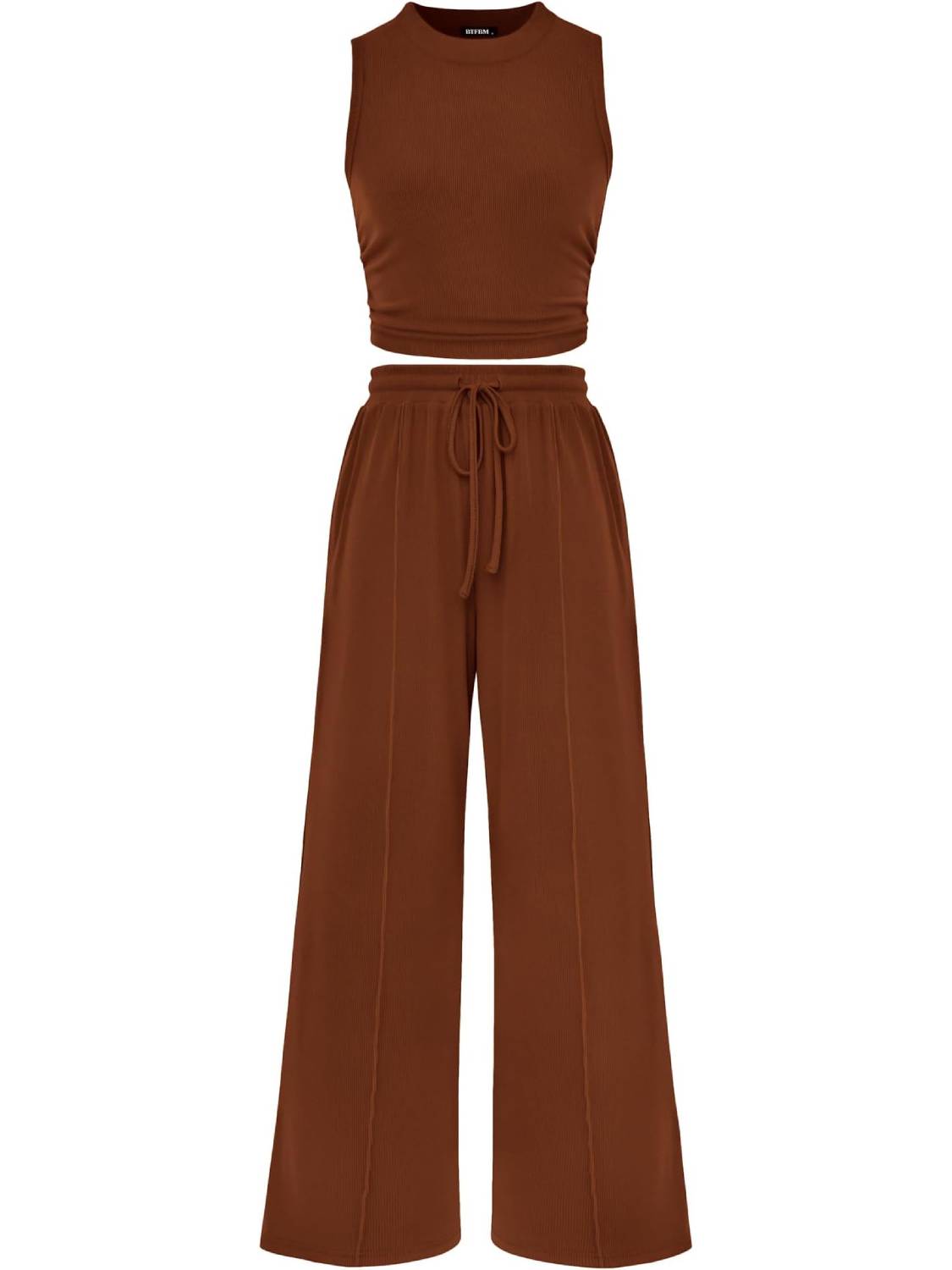 Women Sleeveless Cropped Top Elastic Waist Wide Leg Pants 2 Piece Set
