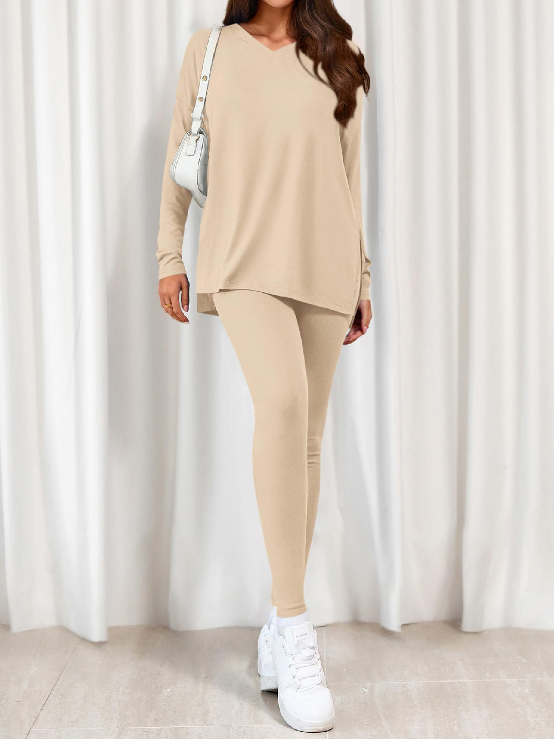 Women V-neck Oversized Shirts Leggings Casual Lounge Matching Set