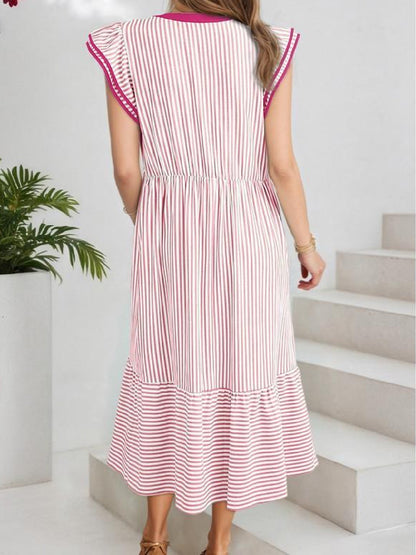 Women's V-Neck Ruffle Sleeves Striped Beach Maxi Dress with Pockets