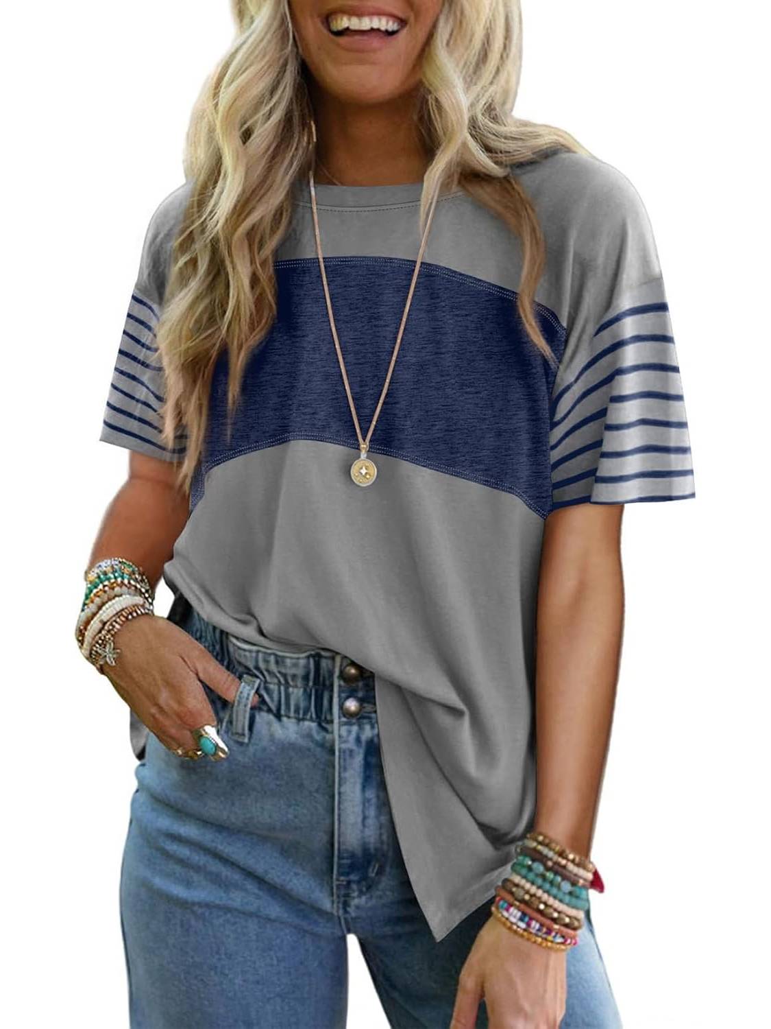 Womens Oversized Color Block Striped Shirts Top