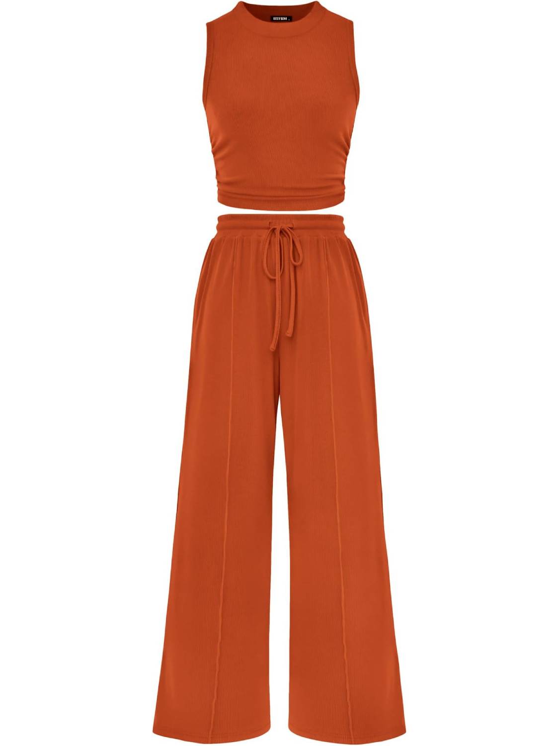 Women Sleeveless Cropped Top Elastic Waist Wide Leg Pants 2 Piece Set
