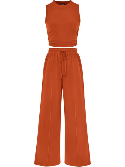 Women Sleeveless Cropped Top Elastic Waist Wide Leg Pants 2 Piece Set