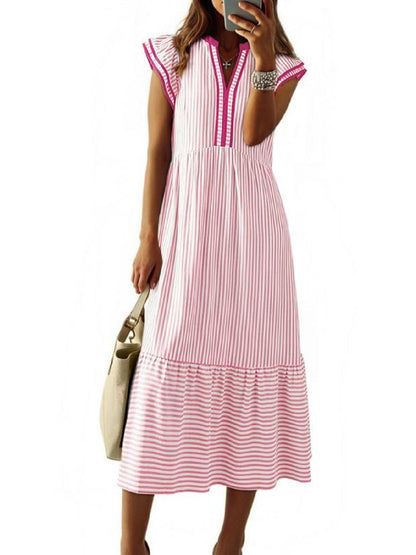 Women's V-Neck Ruffle Sleeves Striped Beach Maxi Dress with Pockets