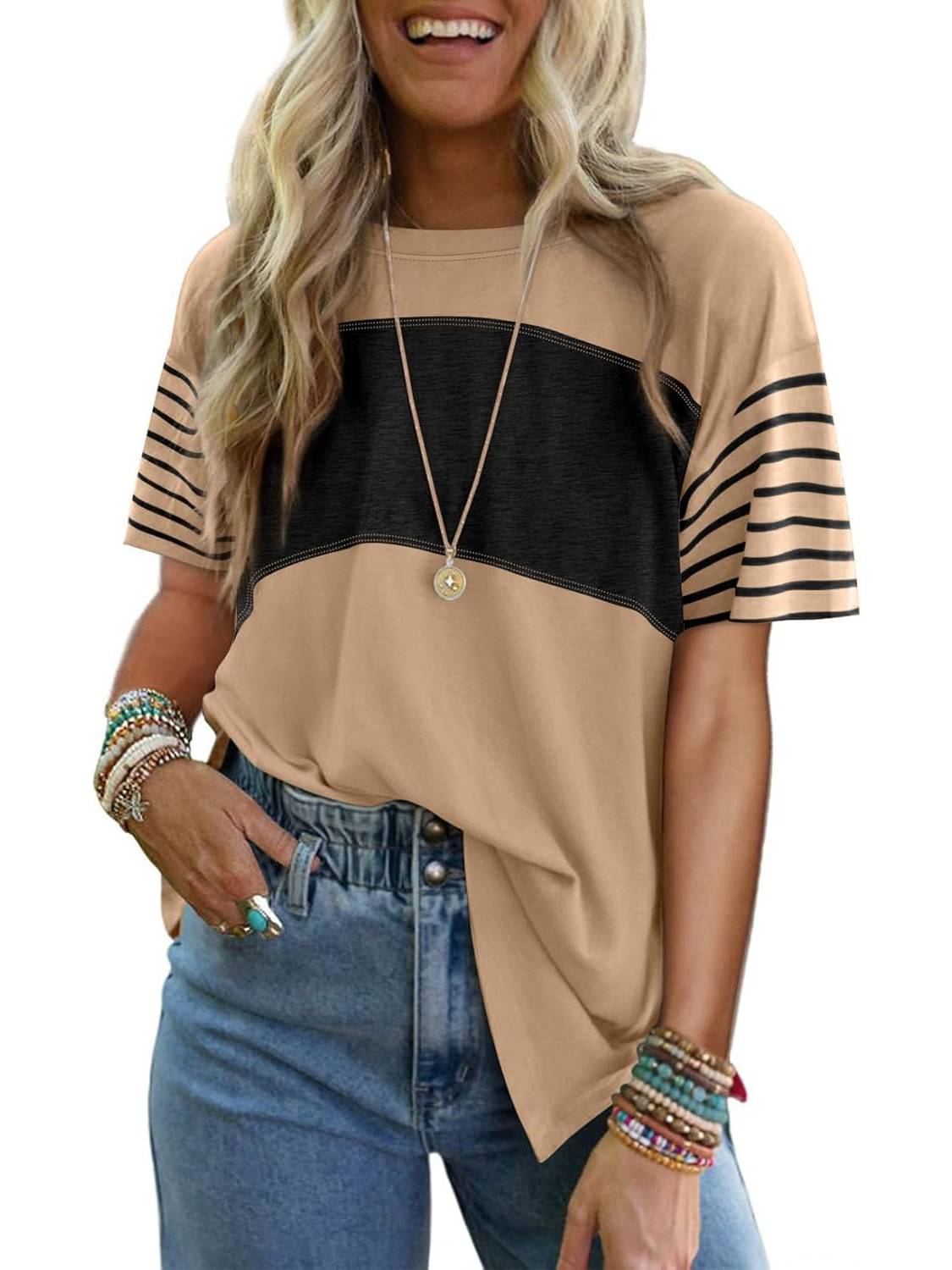Womens Oversized Color Block Striped Shirts Top