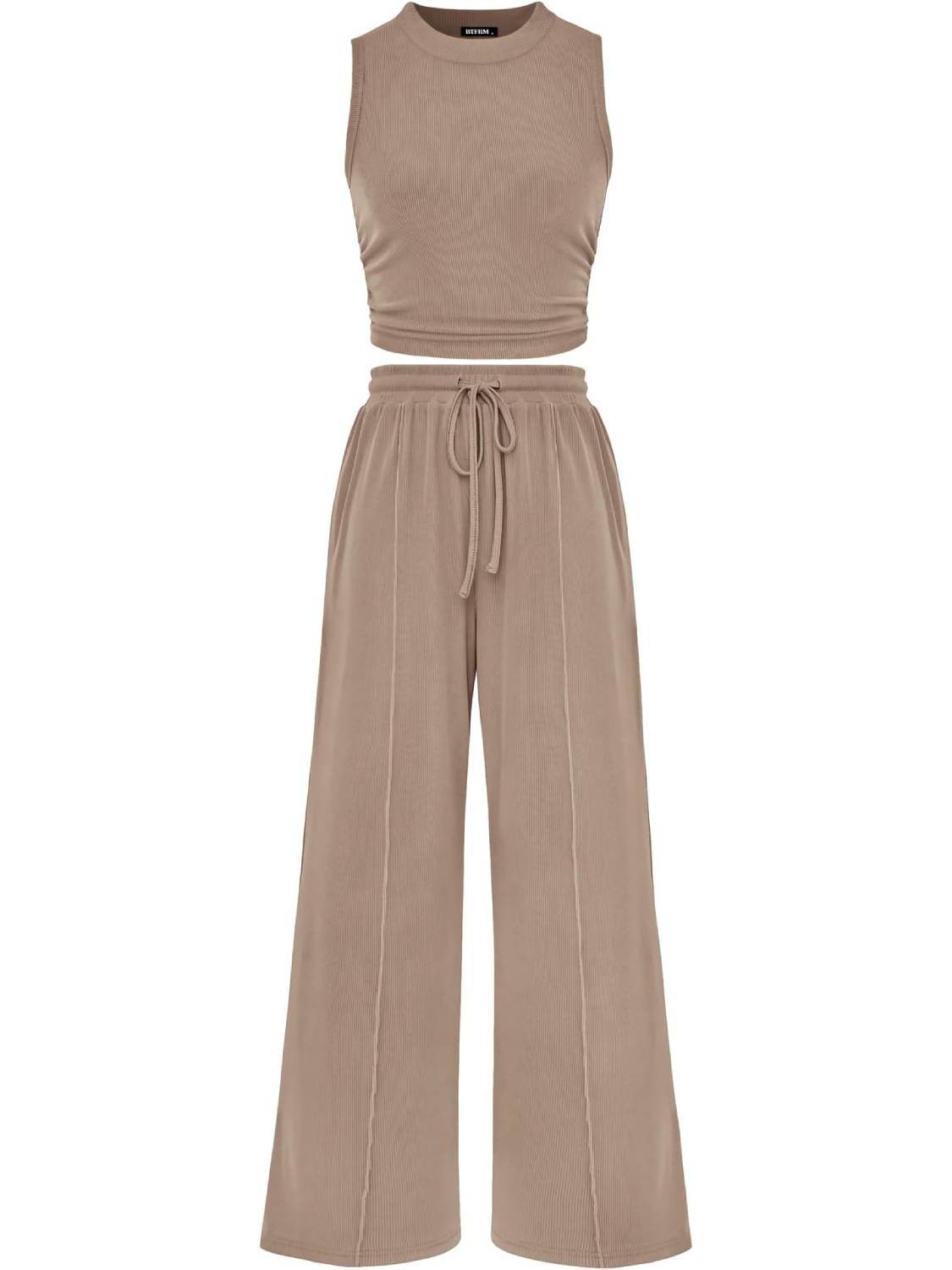 Women Sleeveless Cropped Top Elastic Waist Wide Leg Pants 2 Piece Set