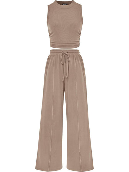 Women Sleeveless Cropped Top Elastic Waist Wide Leg Pants 2 Piece Set