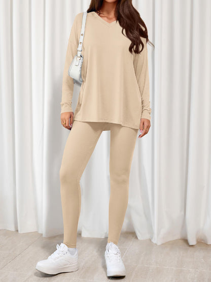 Women V-neck Oversized Shirts Leggings Casual Lounge Matching Set
