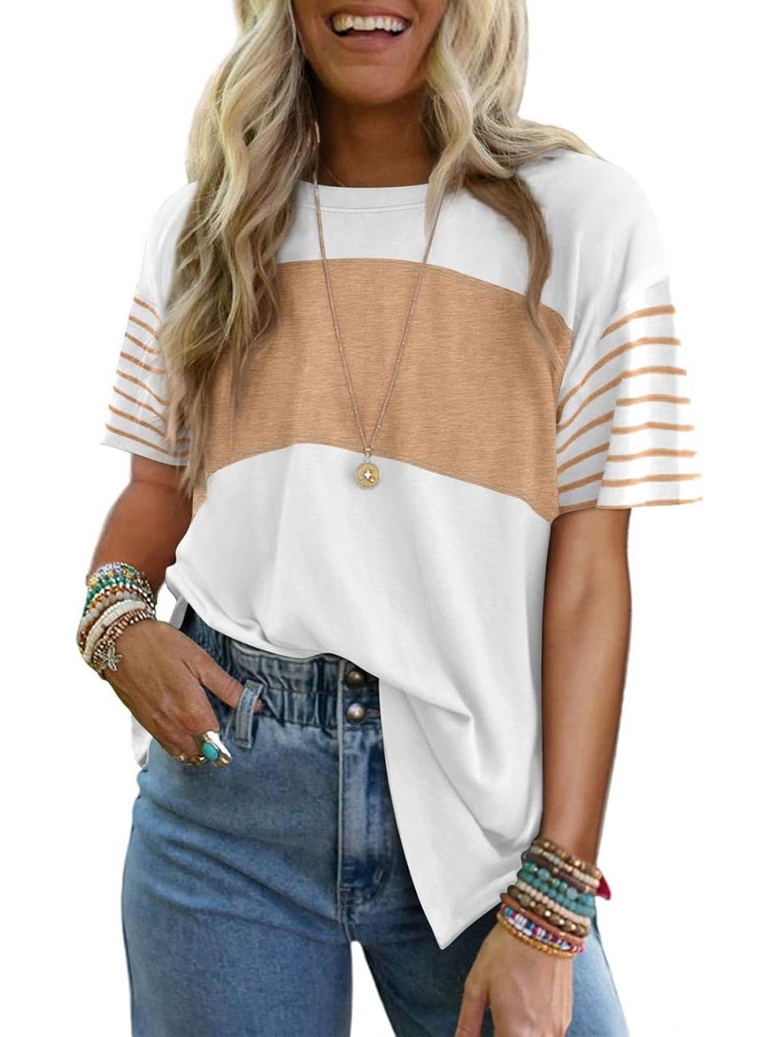 Womens Oversized Color Block Striped Shirts Top