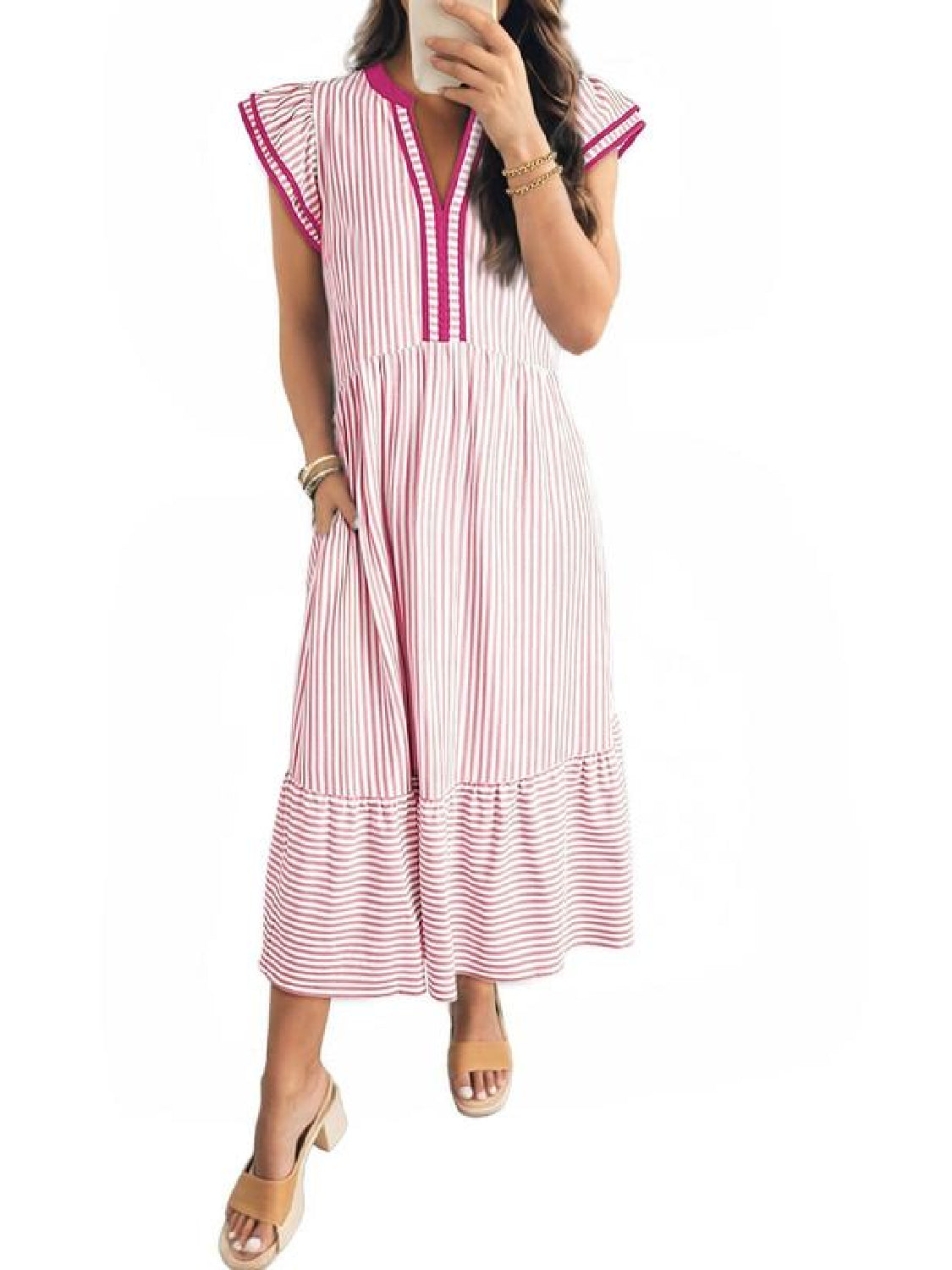 Women's V-Neck Ruffle Sleeves Striped Beach Maxi Dress with Pockets