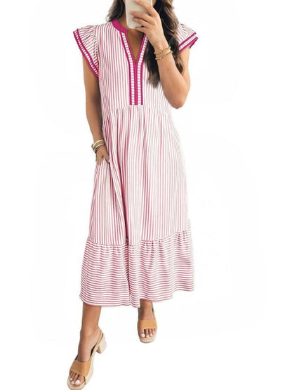 Women's V-Neck Ruffle Sleeves Striped Beach Maxi Dress with Pockets
