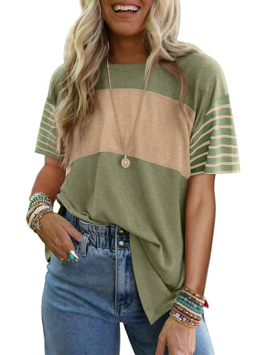 Womens Oversized Color Block Striped Shirts Top